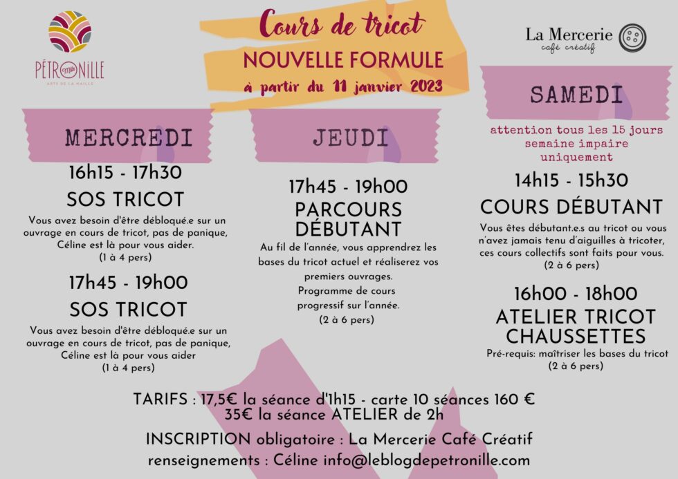 Cours de tricot 2023 : Nouvelle formule - Mlle Pétronille