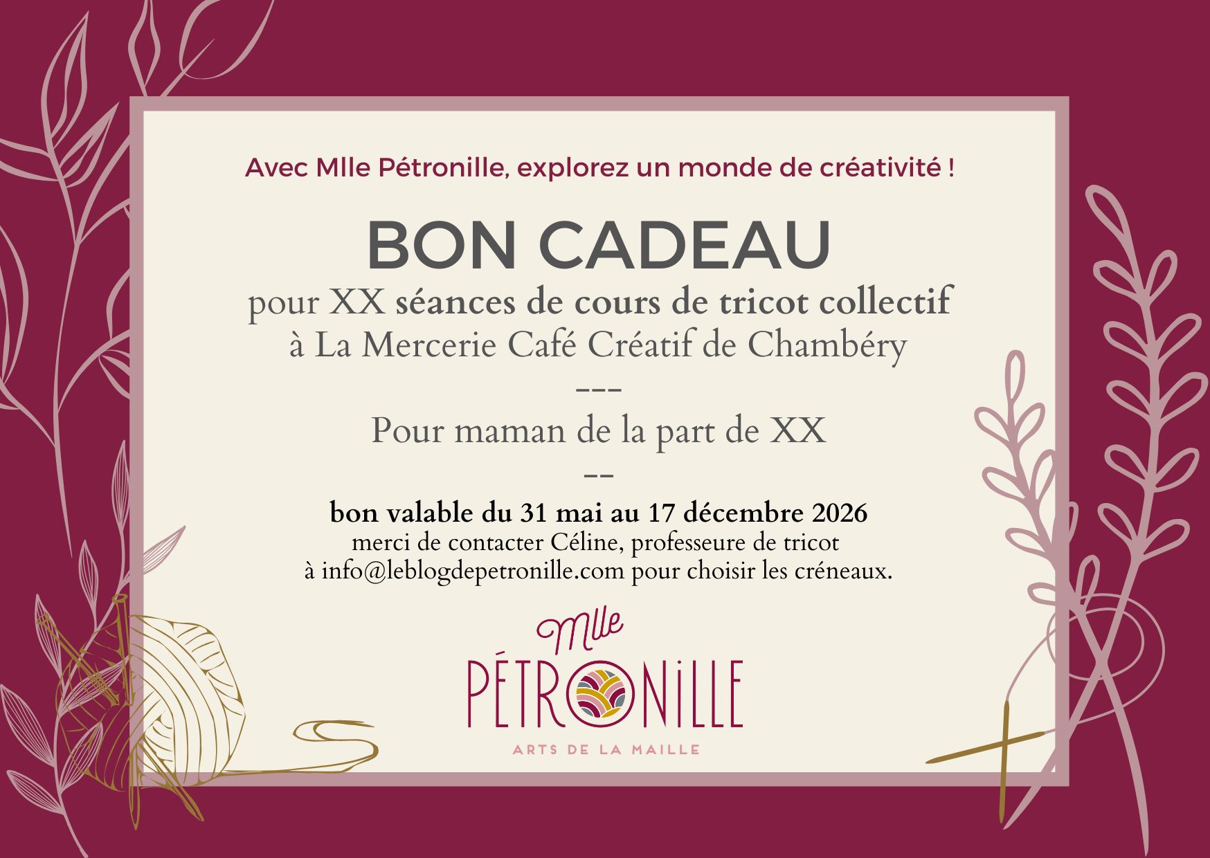 Bon cadeau cours de tricot mai congés de printemps